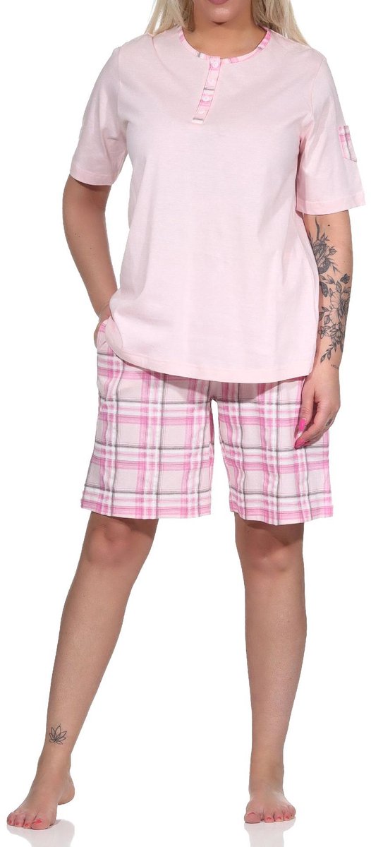 Normann Edele dames shorty pyjama met korte mouwen en geruite broek van jersey - ook in overmaten rosa