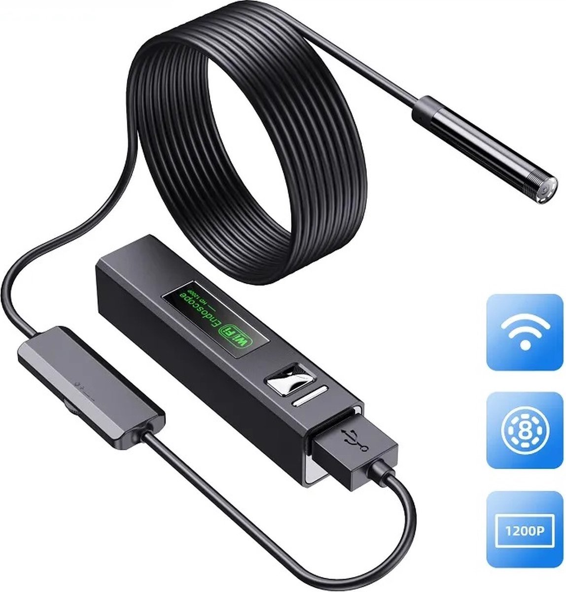 Premium oplaadbare draadloze WiFi-endoscoop 1200P 2.0MP IP67 waterdichte inspectiecamera met 10 meter stijve flexibele kabel voor iPhone en Android telefoon