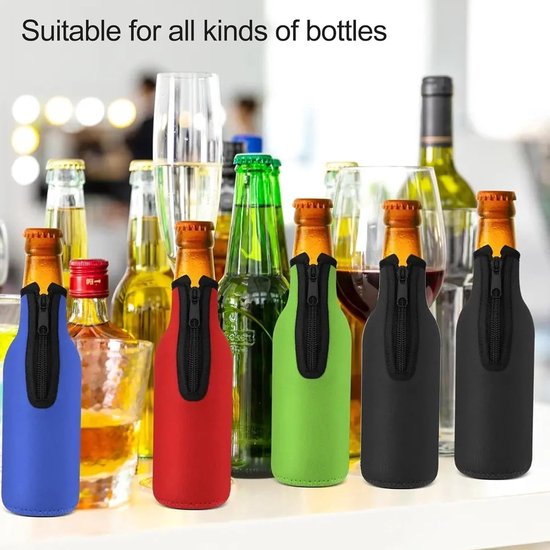 Flessenkoeler - 4 Stuks - 19x6 cm - Bierfleskoeler - Geschikt voor Blikbier en Andere Flessen Koude Dranken - Stoffen Flessenkoeler - Kan Isoleren - Universele Maat - Hoes voor Fles in Blauw, Rood, Zwart, Groen van Merkloos — afbeelding 2