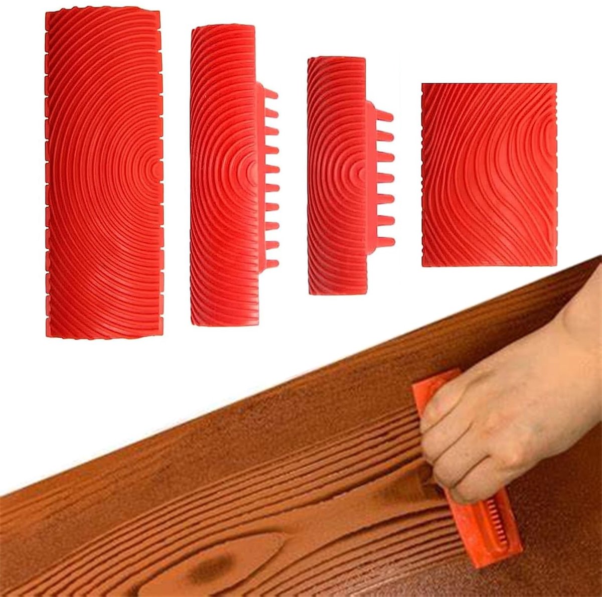4-delige Rubber Houtnerf Gereedschapset voor Wanddecoratie en DIY Projecten, Rood, Duurzaam en Herbruikbaar