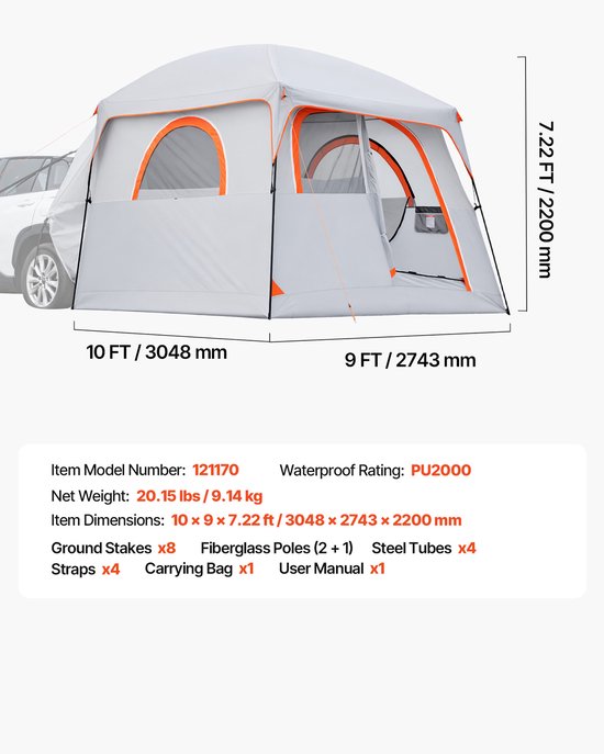 VEVOR Achterkleptent, Autotent voor 6 Personen, 3048 X 2743 X 2200 mm, Waterdicht (Pu2000 mm) Kampeertent met Geventileerde Deuren En Muggennetten, Achterkleptent voor Suv's voor Kamperen, Wandelen En Andere Buitenactiviteiten — afbeelding 3