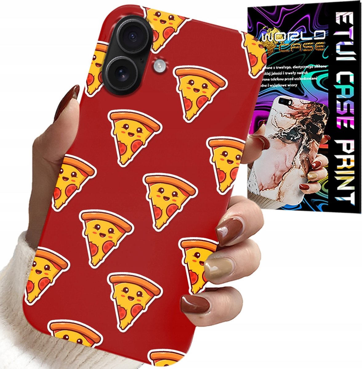 iPhone 16 hoesje - Happy Pizza patroon op een rode achtergrond