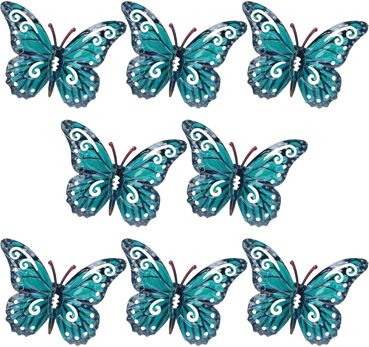 Metalen Vlinders Ornament - Muurdecoratie Set - Buiten Decoratie - Handgeschilderd Design - 8 Stuks - Blauw