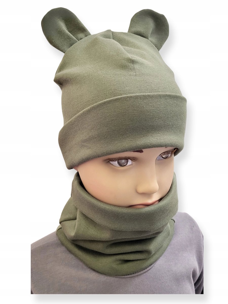 Dartomik - Baby Set - Czapka en Komin - Oorontwerp - Maat 34-38 - Olijfgroen