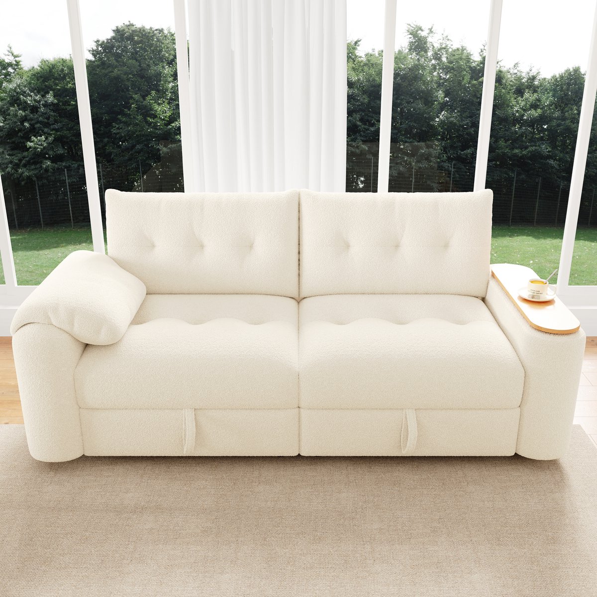 MODFU - Modulaire Bank - Met Opbergruimte En Draaibare Bijzettafel - Afgerond Design - Teddy - Beige - 207,5 x 80 x 87 cm