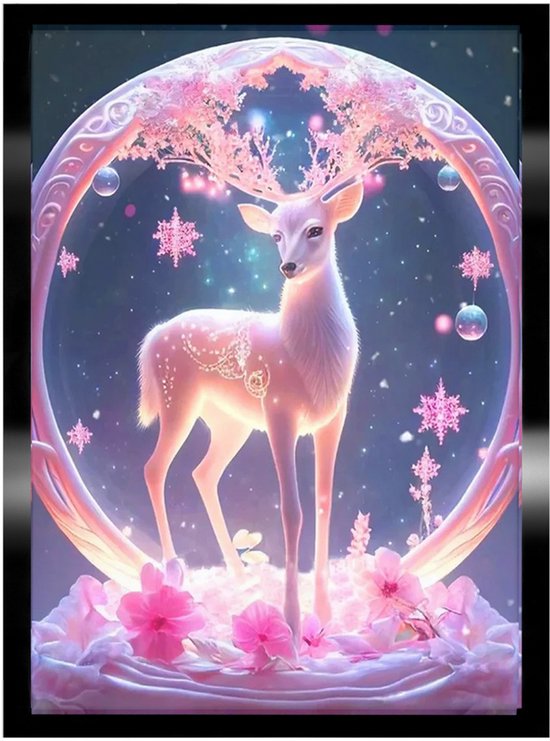 Een diamant schilderij van een roze hert in een magische, winterse sfeer met roze bloemen en sneeuw.