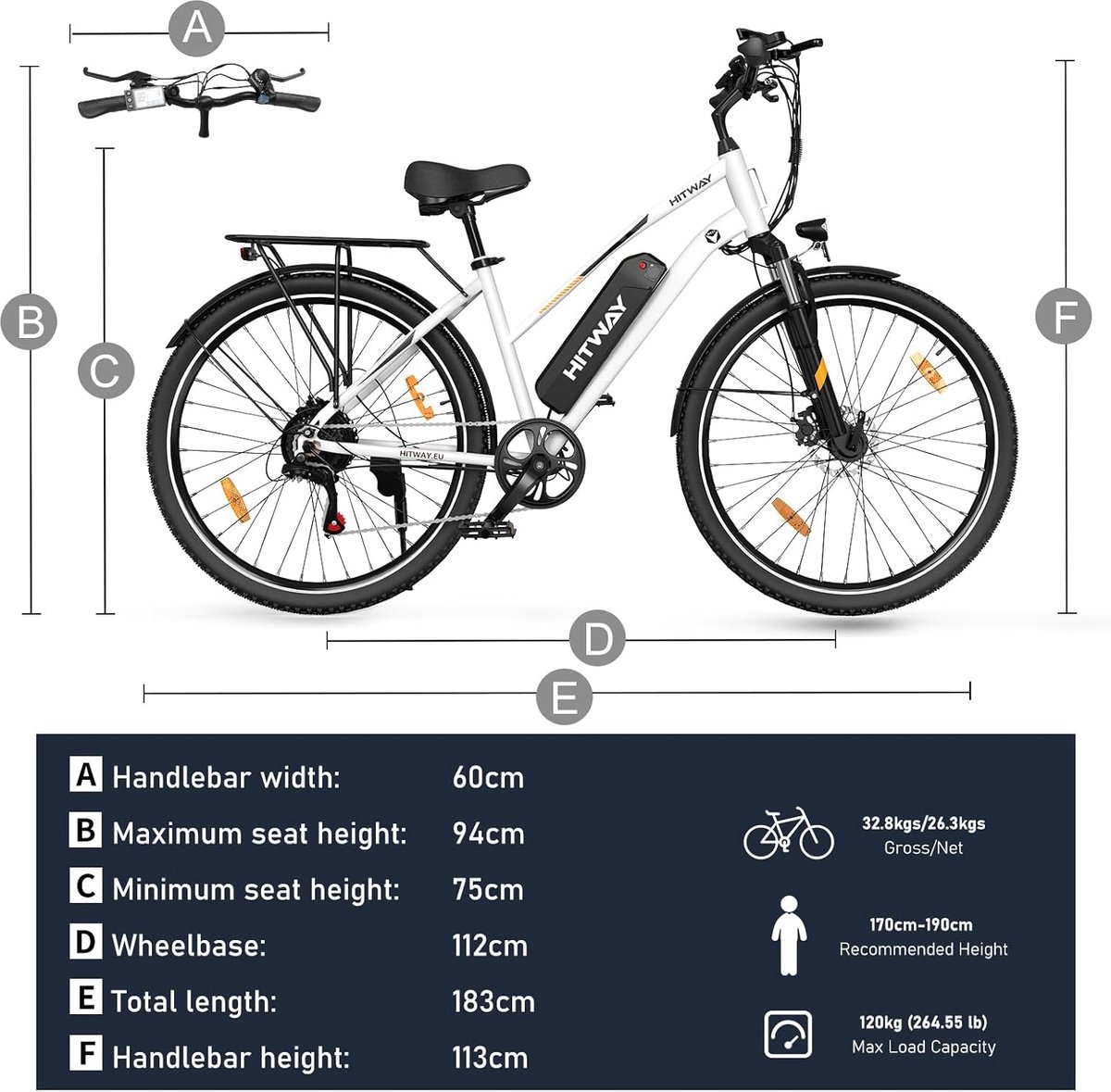Elektrische Fiets HITWAY BK27 - 28 Inch City Commuter EBike met Afneembare 36V 12Ah Lithium Batterij - Mountain E-Bike met 250W Motor - 7 Versnellingen - IP54 Waterdicht – foto 8