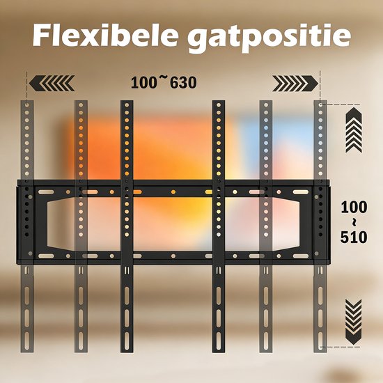 Zwarte tv-beugel met flexibele montagegaten, horizontale verschuiving 100-630mm, verticale 100-510mm.