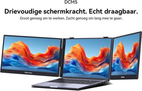 Drie Blackview schermen, gekoppeld aan een open laptop, met levendige achtergronden.