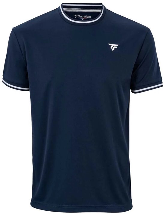 T-shirt de sport bleu marine à manches courtes avec des rayures blanches sur le col et les manches. Logo sur la poitrine.