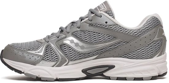 Grijze Saucony sneaker met witte zool en zilveren accenten.