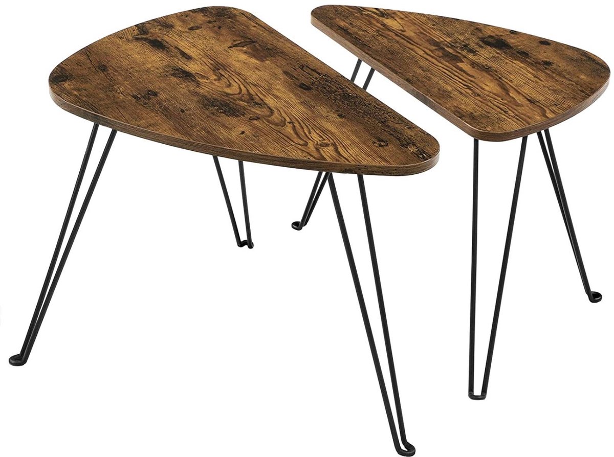 BEGRYF Set van 2 Bijzettafels - Rustiek Bruin - Organische Vorm - 60x38x47,5 cm / 52x31,5x42,5 cm - Hairpin Poten - Industrieel Design