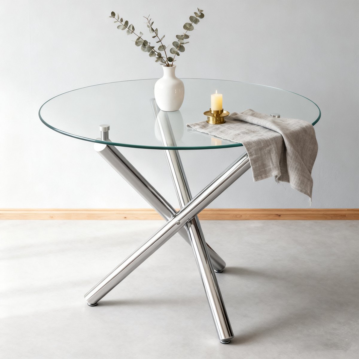 Wishdor Ronde Eettafel - Gehard Glas - Kruispoot - Minimalistisch - Glas En Metaal - Zilver - 80 X 80 X 76 Cm
