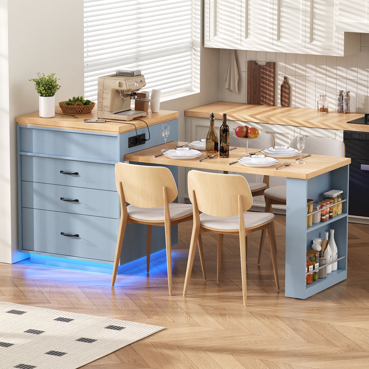 Wishdor Keukeneiland - Uitschuifbaar En Met Wielen - Scandinavisch - MDF - Blauw - 125,5-187,5 X 71 X 93 Cm