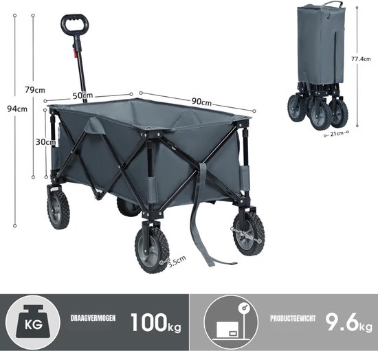 SAVI® Strandkar - Bolderkar Opvouwbaar -Boodschappenwagen Met Handige Opbergruimtes – Grijs - 89cm x 48cm x 94cm; 9.5 kg — afbeelding 2