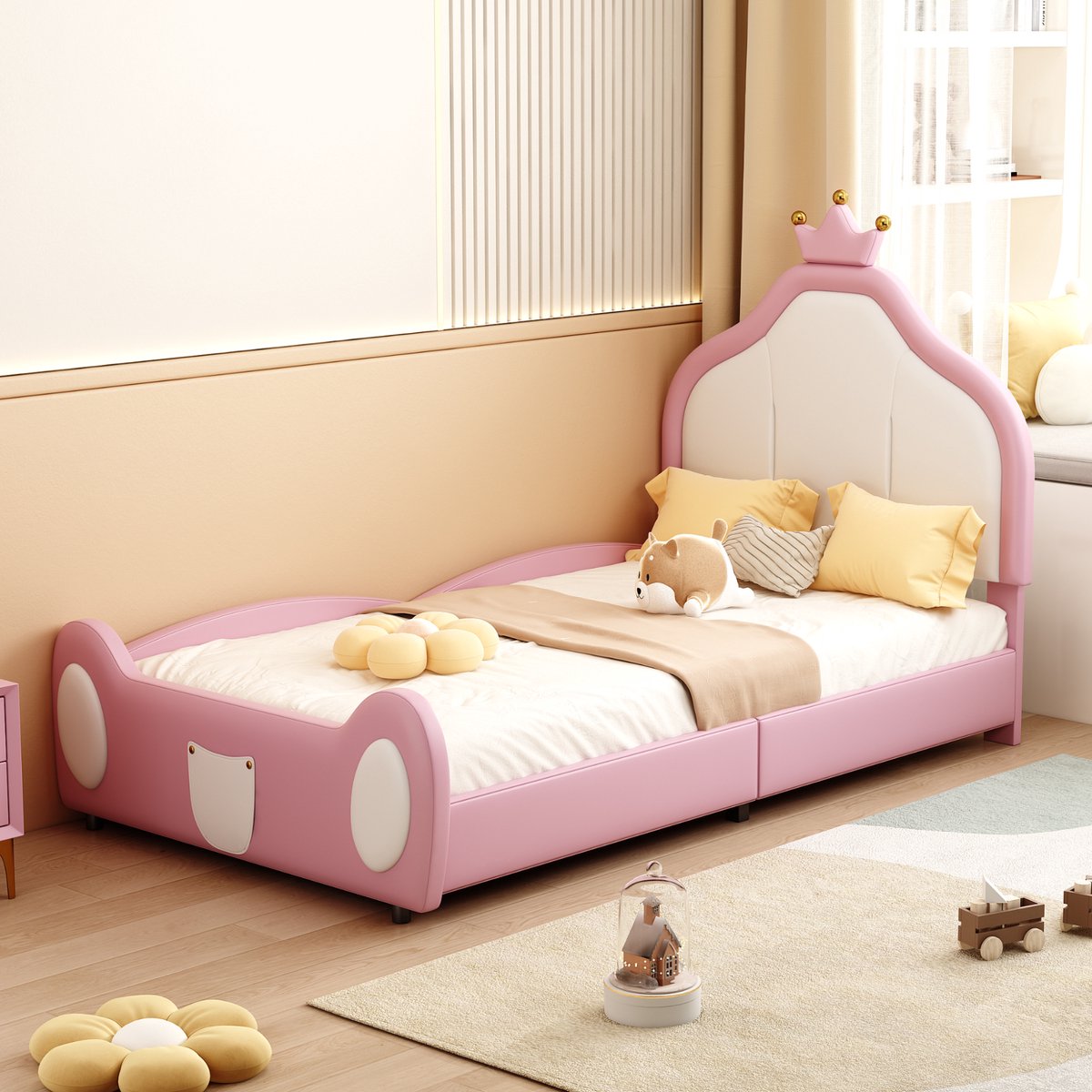 MODENUIT Kinderbed 90x200 cm – Gestoffeerd bed met kroonvormig hoofdbord – Zonder matras – Kunstleer – Wit/Roze