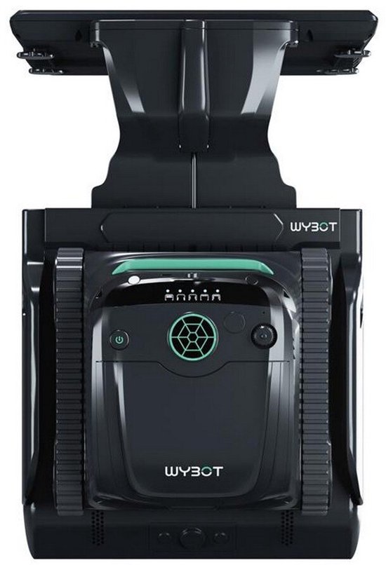 Zwarte zwembadrobot van WYBOT met groene accenten en rupsbanden.
