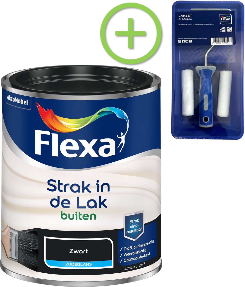 Flexa - Strak In De Lak Buitenlak Zijdeglans - Zwart - 750 Ml + Gratis Flexa Lakset 4-Delig
