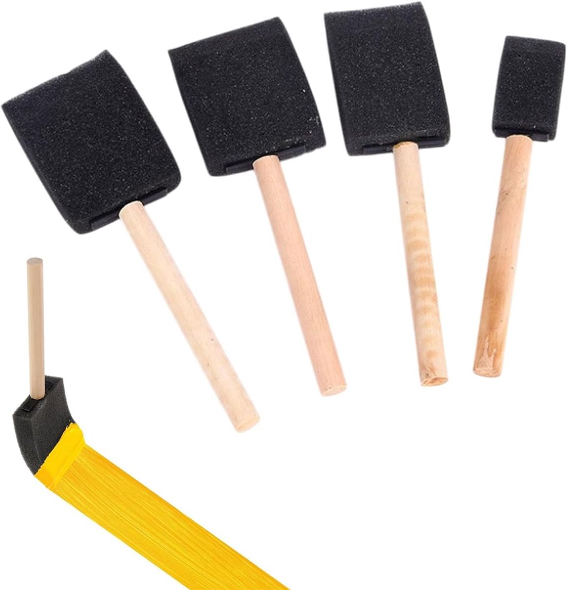 4-Delige Schuimkwast Set met Houten Handvat voor Schilderen en Knutselen