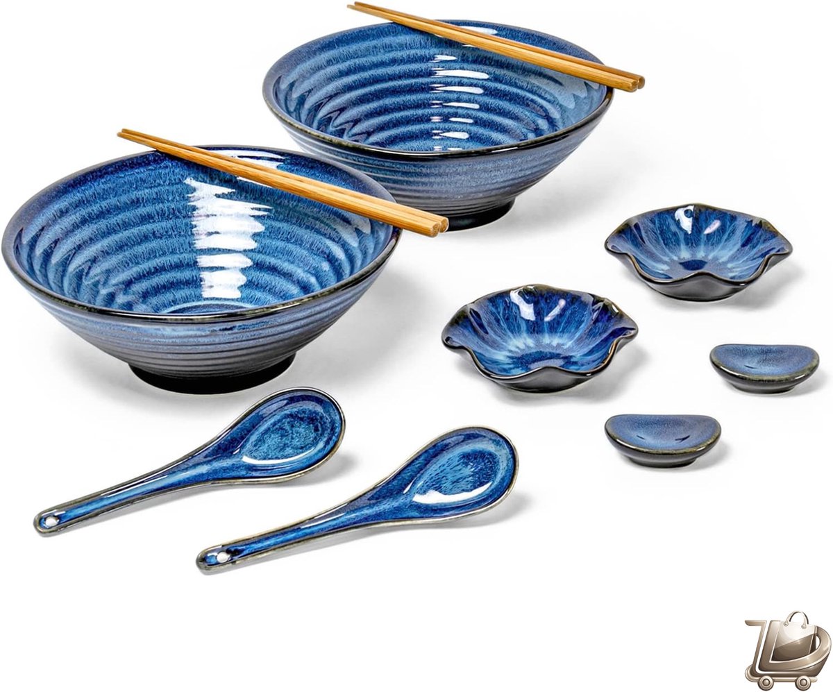 Japanse Soepkommen Set van 2 - Keramische Kommen met Eetstokjes, Lepel en Lepelhouder - Ramen, Pasta en Aardappelsoep Kommen - Aziatisch Servies - Magnetron- en Vaatwasserbestendig - Keuken en Tafel Servies Set