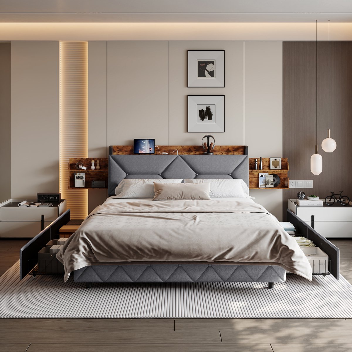 Bed 140x200 Grijs Linnen – met USB-C & 4 Lades