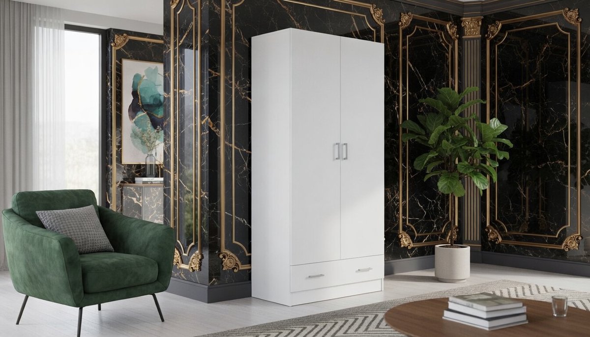 Kledingkast met 2 Deuren en Lade – Casa Velluto Aurora 80 – Smalle Witte Slaapkamerkast – Modern Design, 79x35x170 cm – Garderobekast voor Kleding en Opbergruimte