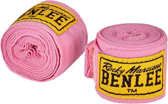 Twee roze sportbandages van Benlee met gele labels waarop 'Rocky Marciano Benlee' staat.