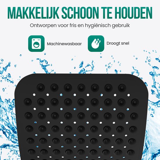 Zwarte antislip badmat met 196 afvoergaten, machine wasbaar en sneldrogend.