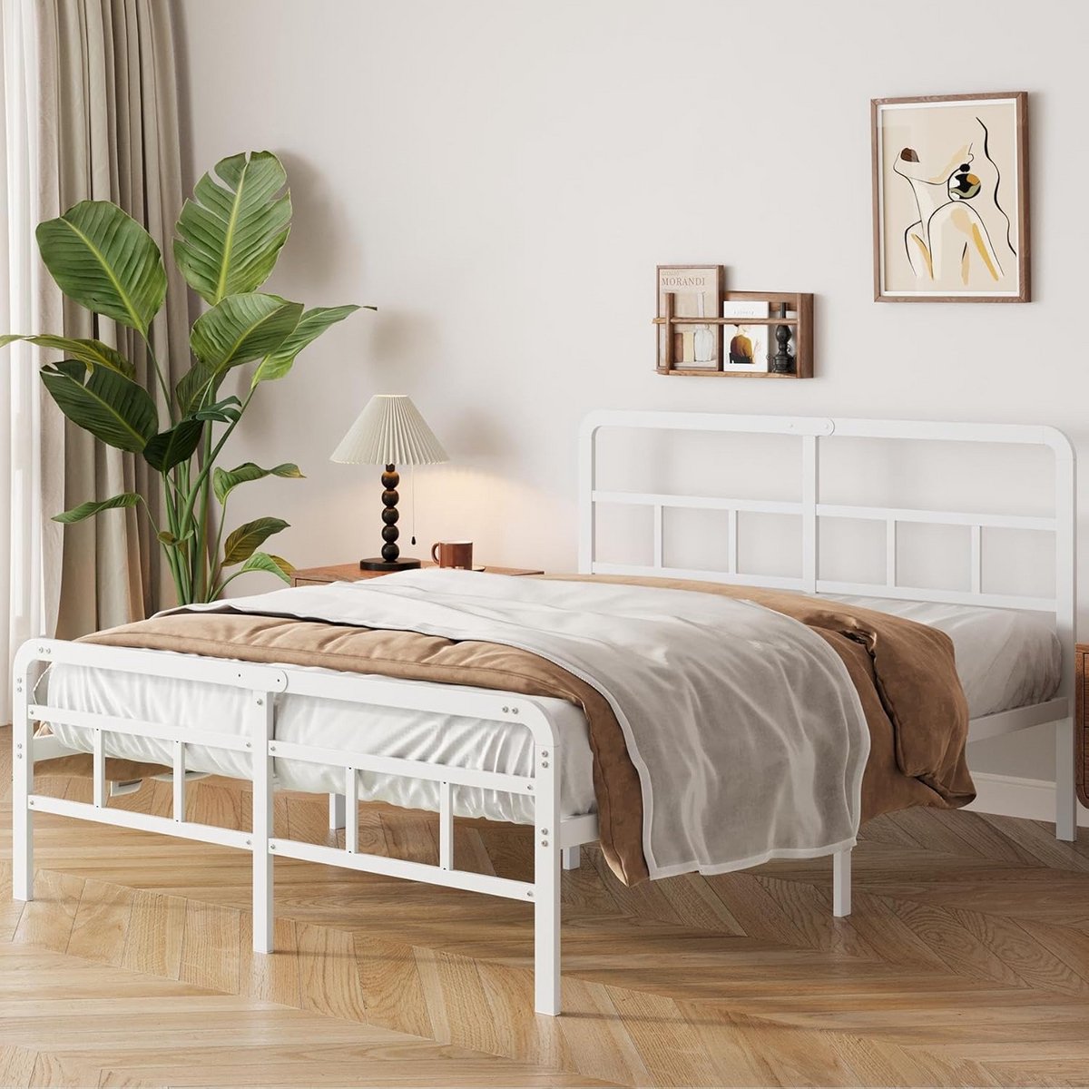 Metalen Bedframe 120x190 met Hoofdbord en Lattenbodem, Wit, Geluidsarm
