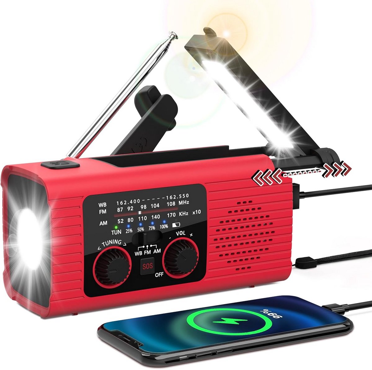 Draagbare Noodweerradio met Zonnepaneel en Handslinger - AM/FM, Zaklamp & SOS Alarm