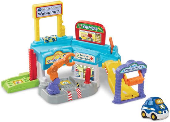 Werkplaats met garage, glijbaan, wasstraat, oranje robotarm en een blauw-witte Toet Toet auto.