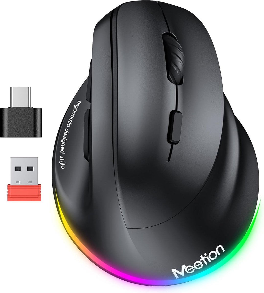Meetion BTM010R - Verticale Ergonomische Draadloze Muis - 2.4 GHz + Bluetooth Dual-Mode - Rechtshandig Ontwerp - 4 DPI-Instellingen 800-2400 - RGB Verlichting - Oplaadbare Batterij - USB-C - Zwart
