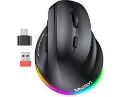 Meetion BTM010R - Verticale Ergonomische Draadloze Muis - 2.4 GHz + Bluetooth Dual-Mode - Rechtshandig Ontwerp - 4 DPI-Instellingen 800-2400 - RGB Verlichting - Oplaadbare Batterij - USB-C - Zwart
