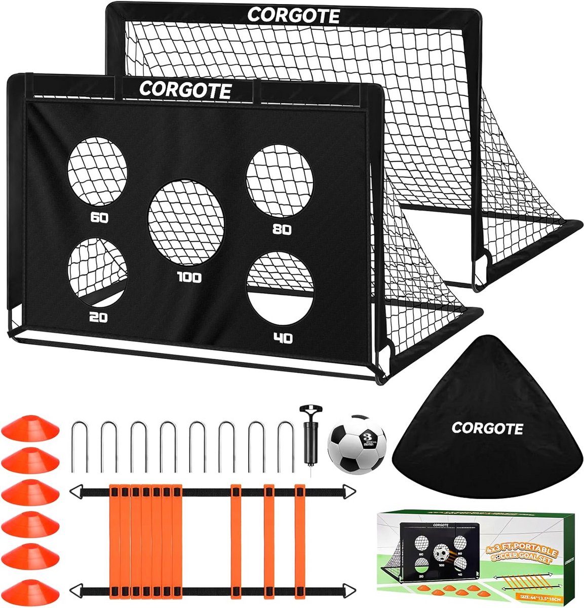 Set van 2 Draagbare Voetbaldoelen voor Kinderen - Inclusief Trainingsmateriaal