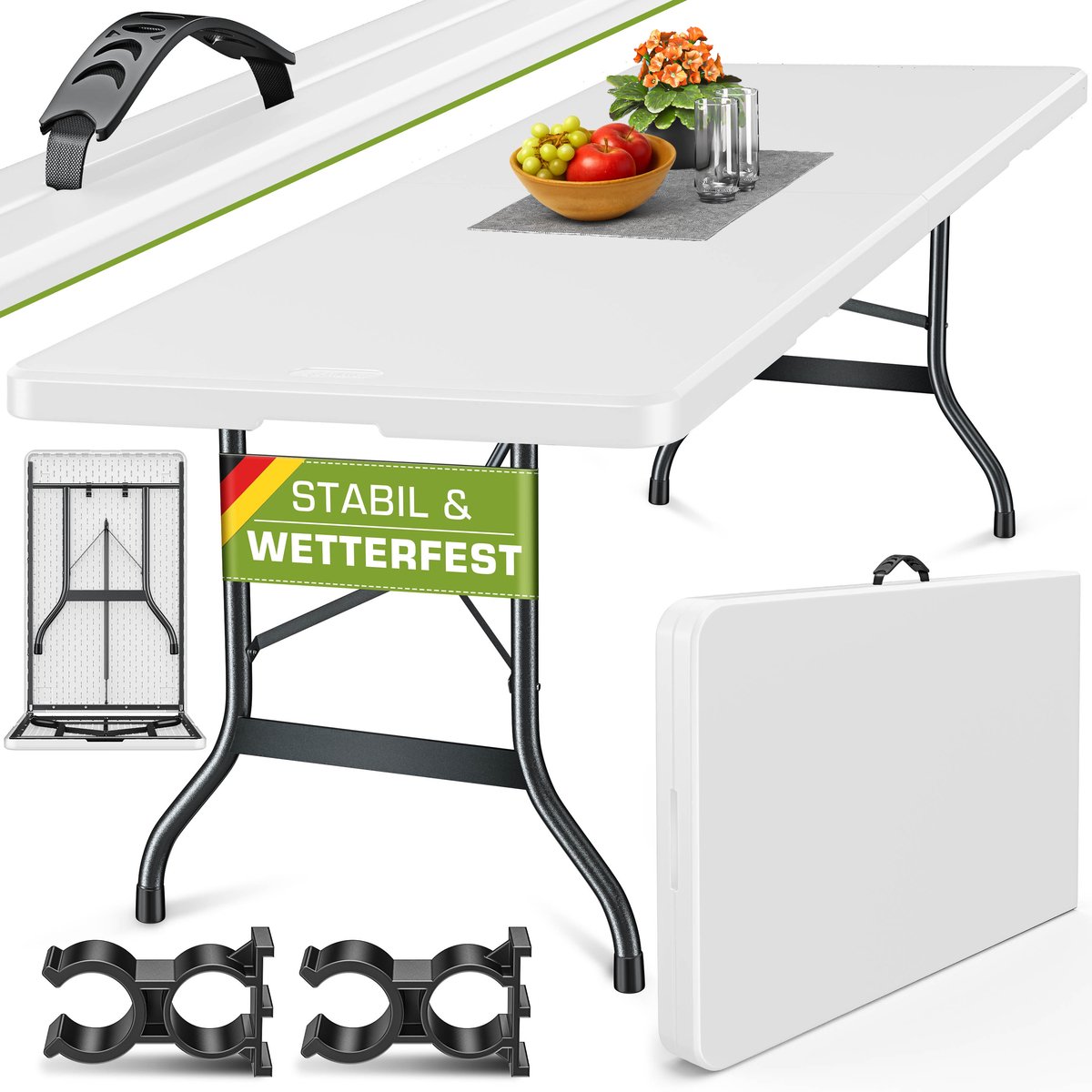 tillvex Tuintafel, inklapbaar, kunststof, 180 x 75 cm, buffettafel met draaggreep, klaptafel voor tuin, terras en balkon, campingtafel voor 8 personen