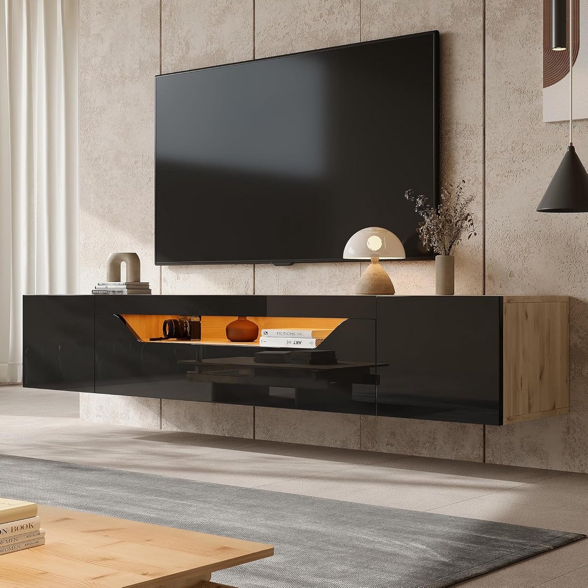 Zwevend TV Meubel Hoogglans met LED Verlichting voor 75 Inch Televisie