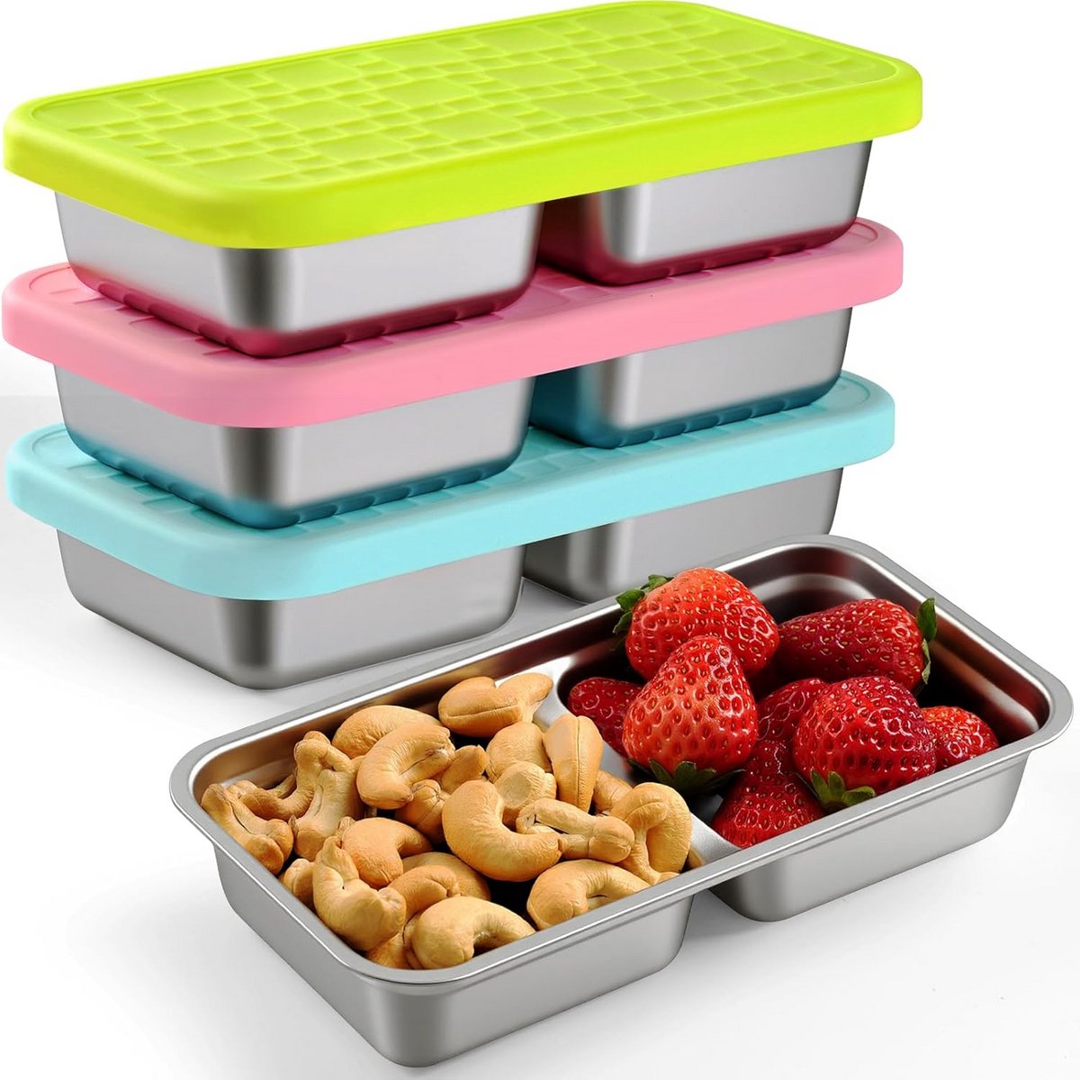 Set van 3 Roestvrijstalen Snackcontainers met Dubbel Compartiment en Lekvrije Deksel