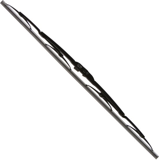 Zwarte ruitenwisser met metalen frame en bevestigingsarm, diagonaal geplaatst.