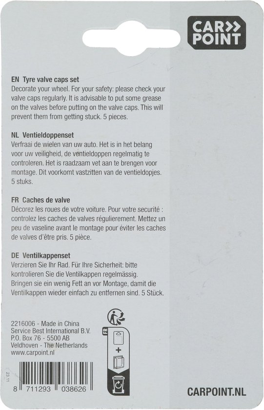 Verpakking met vijf blauwe aluminium ventieldoppen