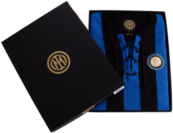 Inter Milan retro voetbalshirt in geschenkverpakking met goudkleurig logo.