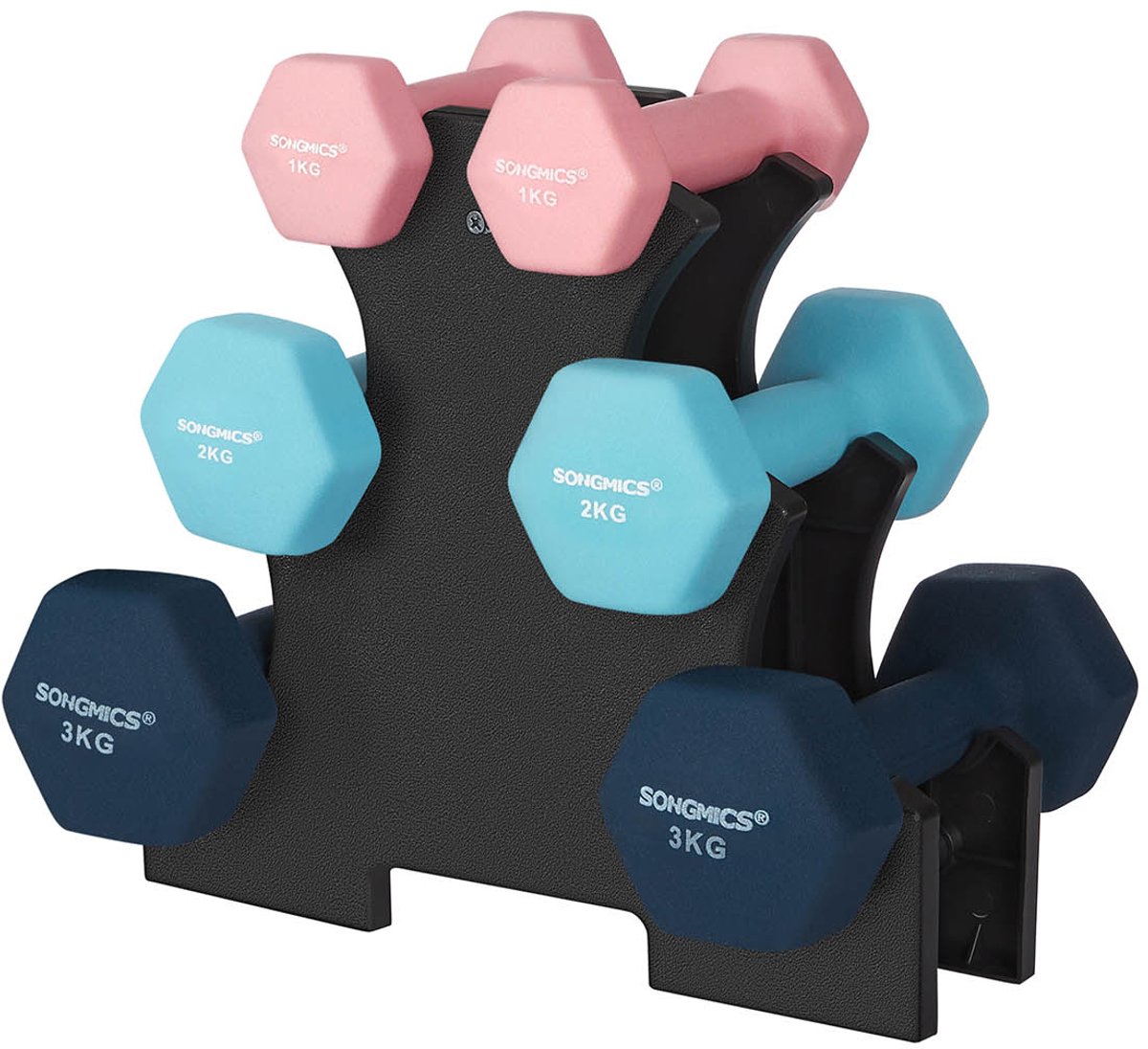 Halterset – Neopreen – Limegroen, Tealgroen, Lichtgrijs – Antislip met standaard, inclusief gewichten van 1 kg, 2 kg en 3 kg