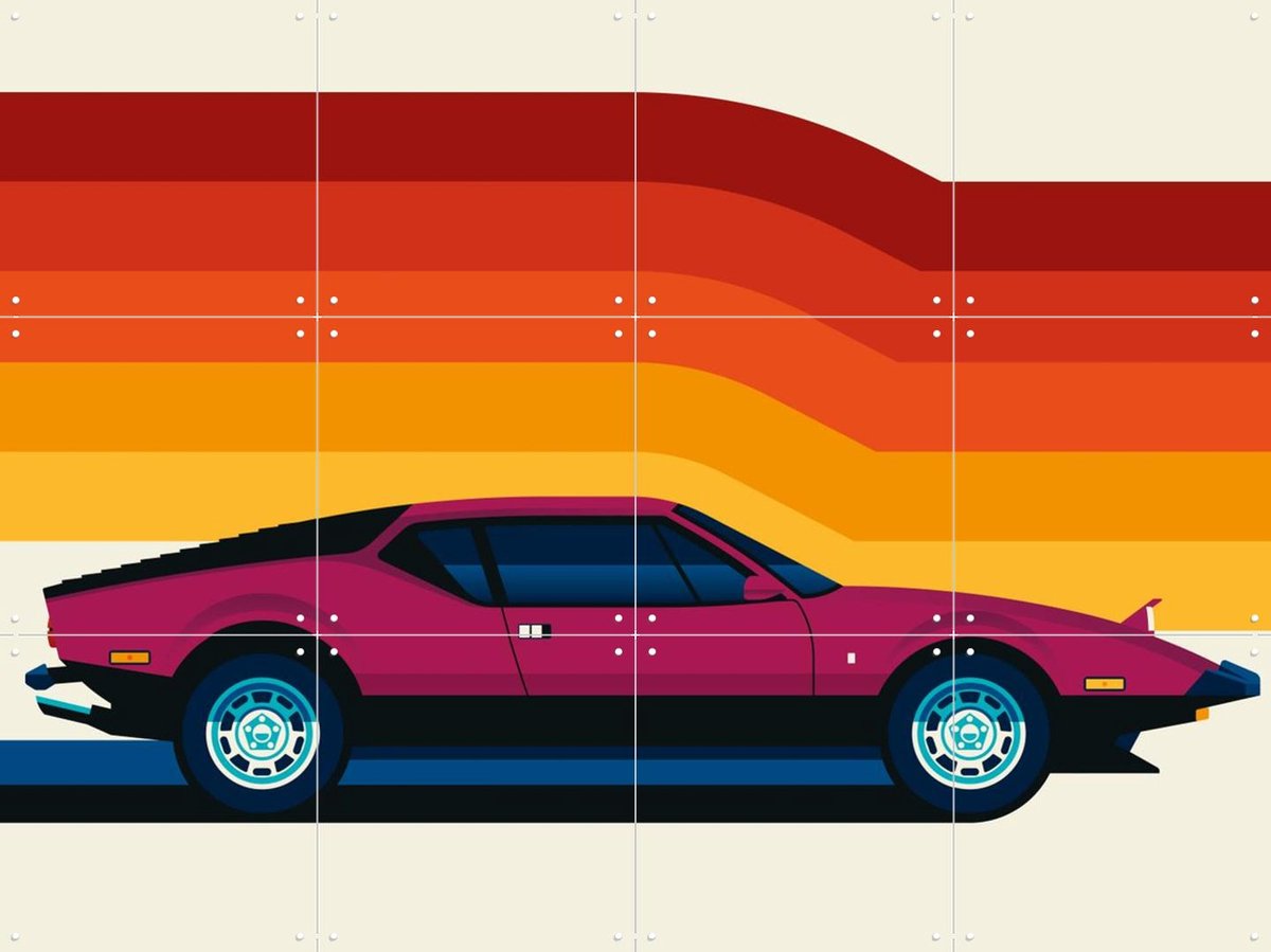 IXXI Maroon Sports Car Side, Bo Lundberg - 80 x 60 cm - Gratis ophangtool - Grote wanddecoratie en posters - Kleurrijk, Retro, Grafisch Ontwerp