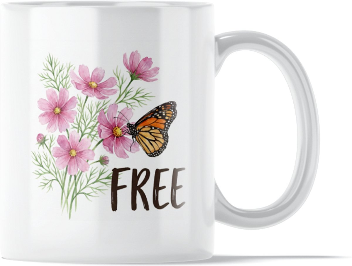 "Aquarel Series" Mok: Free Nature - Sfeervolle Waterverf Mok Vlinder en Roze Cosmea - Positieve Aanmoediging om Eigen Pad in het Leven te Kiezen - Bloem en Dier Symbool voor Vrijheid & Natuur - Romantisch ValentijnsCadeau voor Vriendin of Vrouw