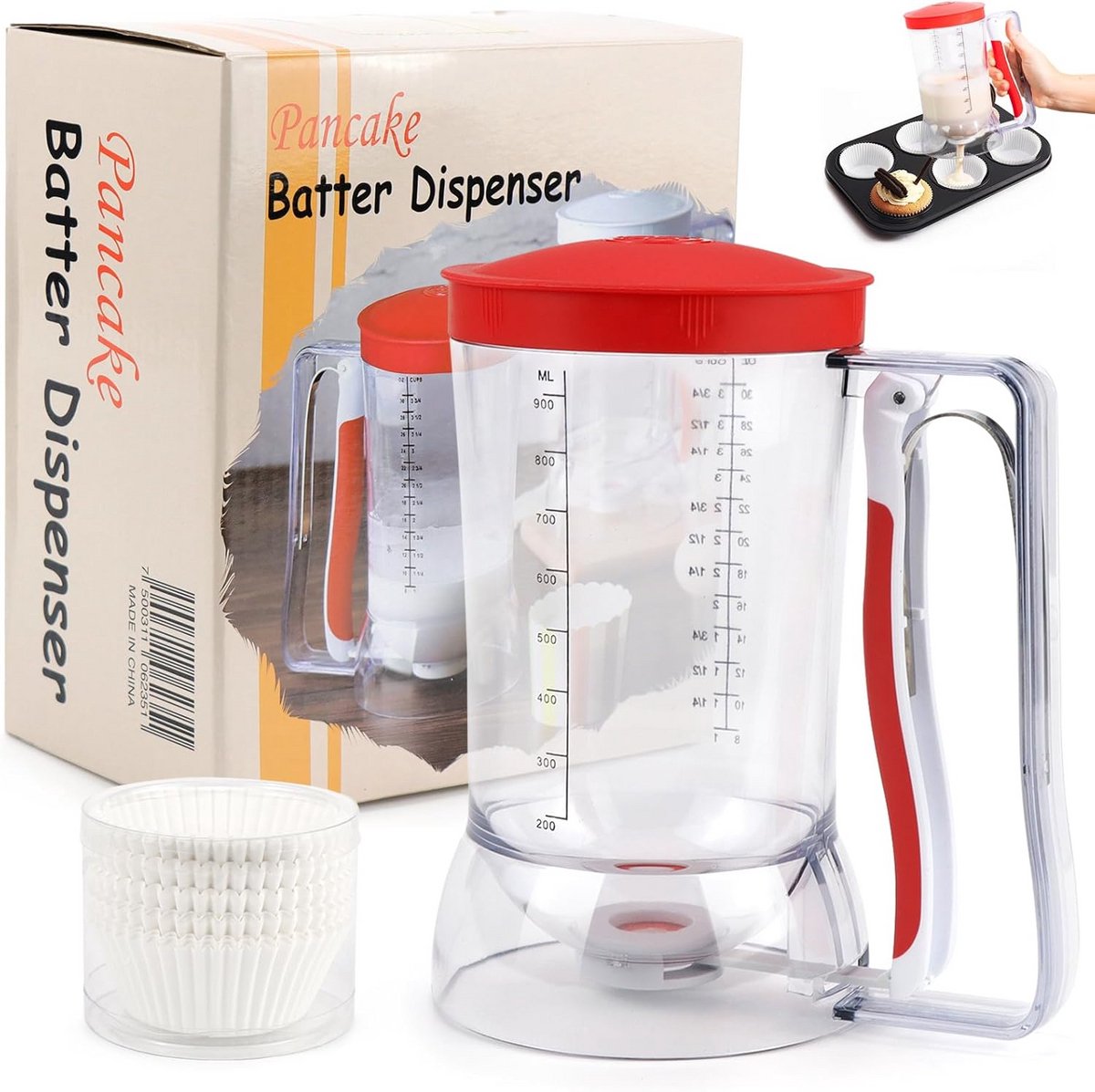 Beslagdispenser 900 ml met Deksel en Garde voor Pannenkoeken, Muffins en Wafels – Inclusief Papieren Bakvormpjes