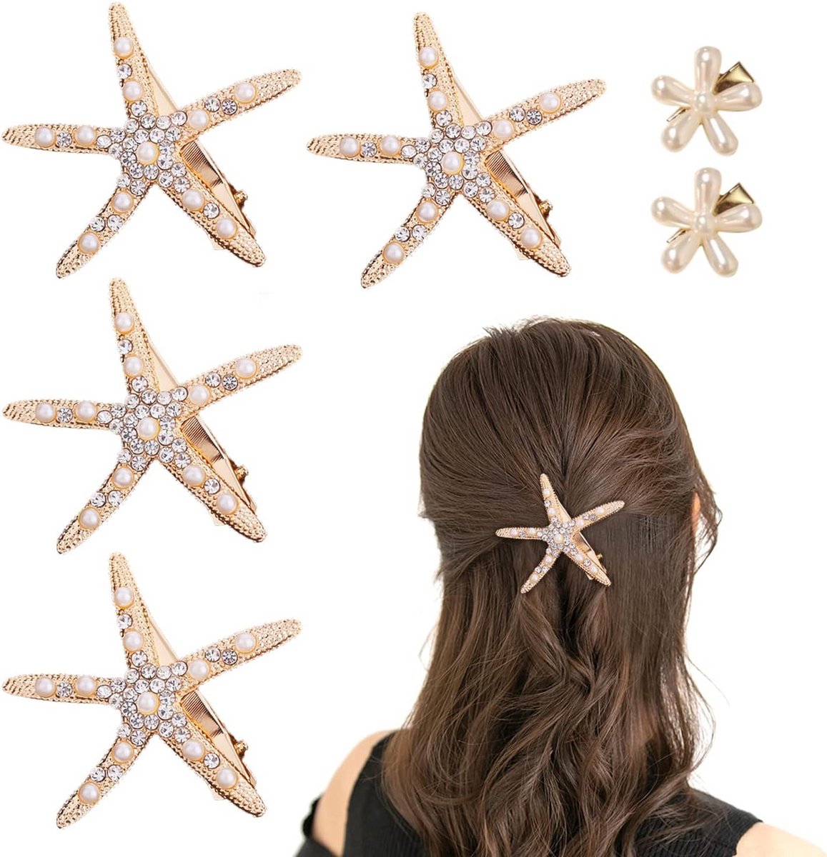 Set van 6 Elegante Haarspeldjes: Zeesterren en Bloemen – Bruiloft & Feest Accessoires