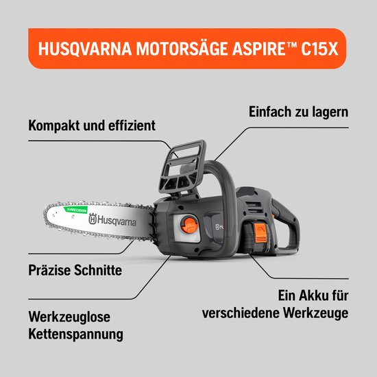 Tronçonneuse sans fil Husqvarna Aspire C15X-P4A, alimentée par batterie, lithium-ion, 18 V, vitesse de coupe élevée (avec batterie et chargeur)