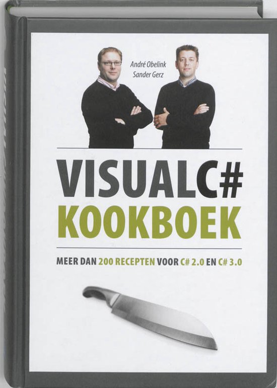 Boekkaft met de titel "VISUALC# KOOKBOEK" met twee mannen en een koksmes.