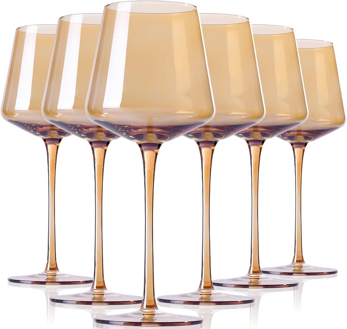Set van 6 Amber Wijnglazen - Moderne Lange Stengel - Lichtbruin Glaswerk
