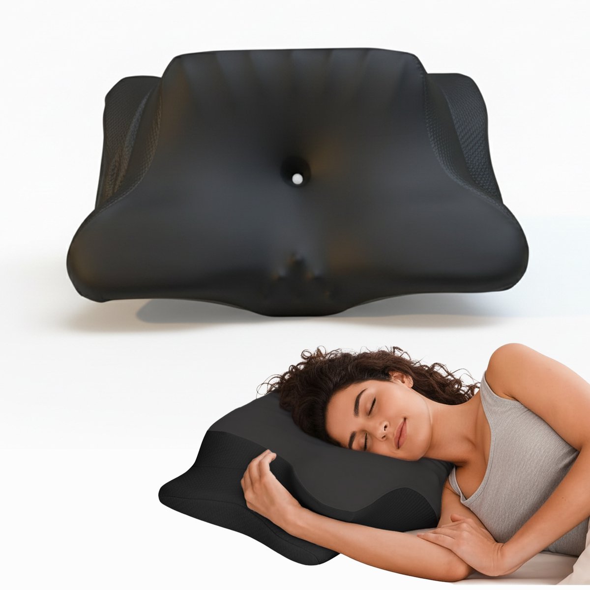 Hoofdkussen Nekklachten 40x63 cm – Hoofdkussen Traagschuim met Neksteun – Ergonomisch Hoofdkussen met Twee Hoogtes (Dikte 13 cm) voor Zijslaper, Rugslaper en Buikslaper – Memory Foam - Zwart