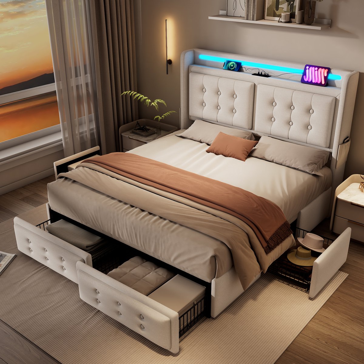 Wishdor Gestoffeerd Bed 160x200 cm – LED-Kopbord met USB-C en USB – 4 Lades – Katoen-Linnen – Beige